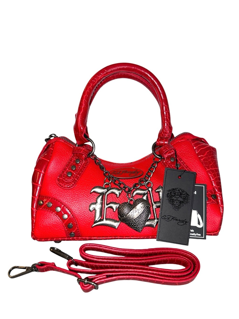 Ed Hardy Red Studded Heart Charm Mini Satchel